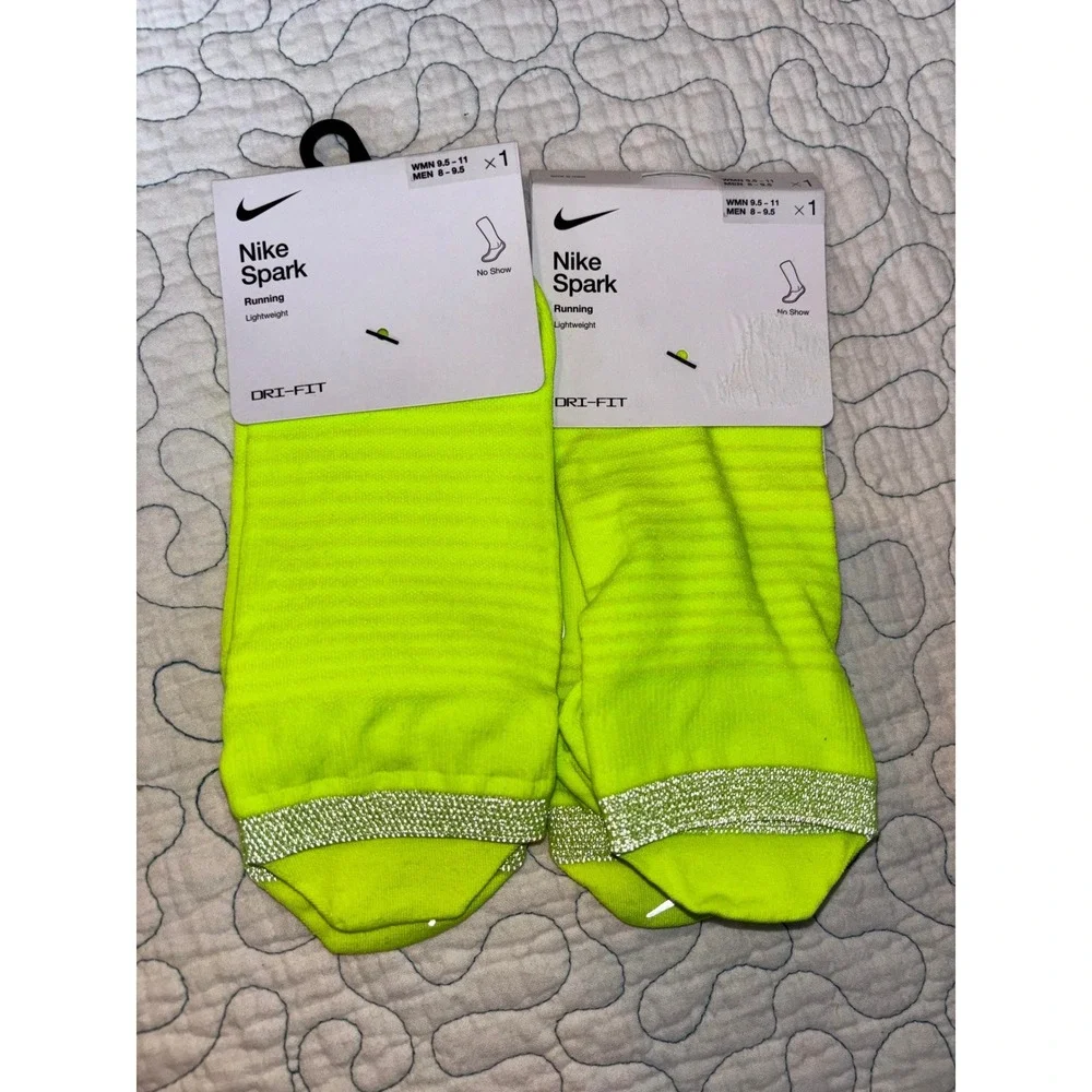 Nike Spark Lightweight No Show Running Socks 2 Pairs Neon Volt Mens 8-9.5